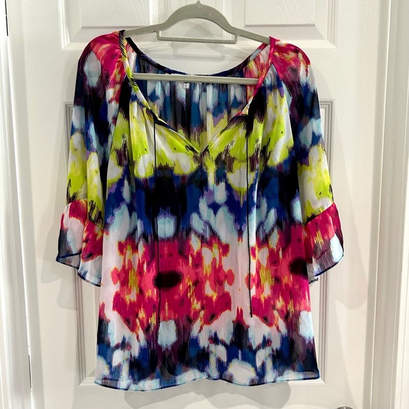 Milly Sheer Colorful Tie Dye Watercolor Blouse Sz XL Peasant Boho Flounce Ties - Picture 1 of 10